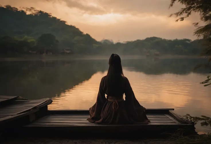 Screenshot of the movie, director：张艺谋 in the mood of, A girl with long hair sits by the lake,Facing the lake,Wearing black-brown Hanfu,Cloudy, Rainy, dusk scene, wide angles,Antique style, high high quality, 8K, Back pat