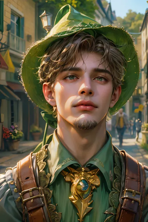 (absurdres, highres, ultra detailed, HDR), masterpiece, best quality, wizard of oz character, handsome young hero wearing detailed headgear, detailed face, handsome face, strolling at the town , detailed character, detailed outdoor