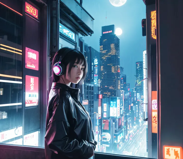 "A cyberpunk city in 1980s Japan that seems like its from a sci-fi movie, its raining, night, in the room theres a single girl, shes smoking, outside the window theres a full moon, chill atmosphere, Disney-like touch, Japanese, 20 years old, black hair, he...