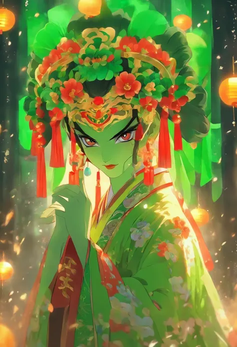 China-style，Chinese drama，Peking Opera costumes，Douertun costume，Drama Facebook，green color，中景 the scene is，super-fine，ultra - detailed，high qulity，8K ，Sharply focus the eyes，highly detailed surreal vfx，oc rendered， - AR 16:9 --q 2 --s 1000