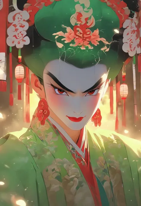 China-style，Chinese drama，Peking Opera costumes，Douertun costume，Drama Facebook，green color，中景 the scene is，super-fine，ultra - detailed，high qulity，8K ，Sharply focus the eyes，highly detailed surreal vfx，oc rendered， - AR 16:9 --q 2 --s 1000