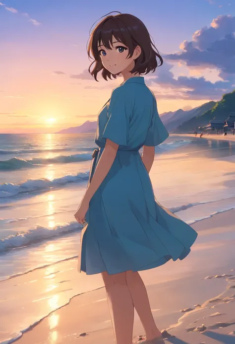 model shot of a beautiful girl, Korean actress, posing for a picture, standing beside the beach, smiling sweetly, a beautiful sunset, summer sky, best quality, highly detailed, insanely detailed, 4K