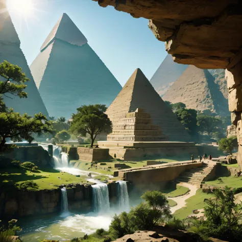 (huge pyramids) egypt, monuments of stone man coming out of a mountain are in the valley ,in a mix of painting of a waterfall in...