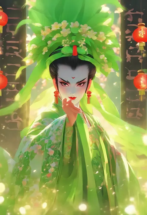 China-style，Chinese drama，Peking Opera costumes，Durton costumes，Drama Facebook，green color，中景 the scene is，super-fine，ultra - detailed，high qulity，8K ，Sharply focus the eyes，highly detailed surreal vfx，oc rendered， - AR 16:9 --q 2 --s 1000