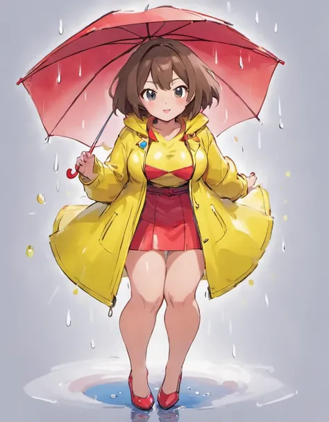 can you draw a milf in a pvc yellow rain coat and red umbrella drawn by sowsow, about 50 years of age, mature woman, tall very large breasts, short blue mini skirt, brown hair, short hair,