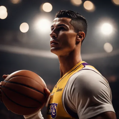 Cristiano Ronaldo jogando basquete vestindo uniforme do Los Angeles lakers