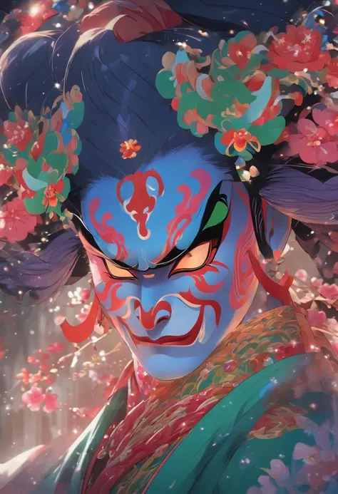 China-style，Chinese drama，Peking Opera costumes，Purple theatrical costumes，Drama Facebook，Green face，中景 the scene is，super-fine，ultra - detailed，high qulity，8K ，Sharply focus the eyes，highly detailed surreal vfx，oc rendered， - AR 16:9 --q 2 --s 1000