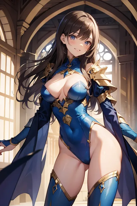 top-quality、Full limbs、complete fingers、Slender beauty、a 25yo woman、straight haired、Brown hair、((Blue Dragon Knight))、Leotard、A big smile、in a castle、is standing、sexypose