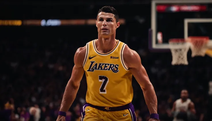 Cristiano Ronaldo jogando basquete vestindo uniforme do Los Angeles lakers