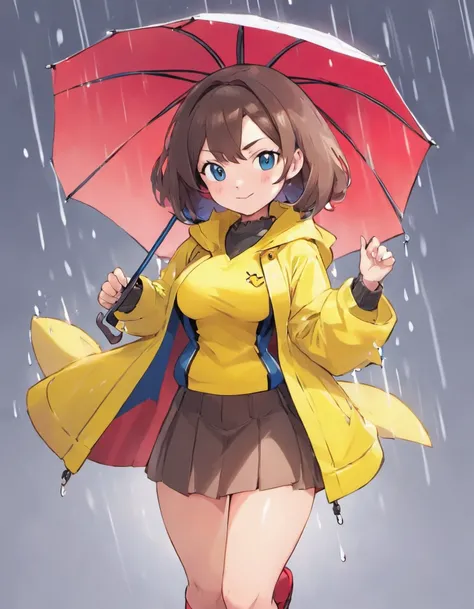 can you draw a milf in a pvc yellow rain coat and red umbrella drawn by sowsow, the milf has large breasts and is about 50 years of age, mature woman, tall veru large breasts, short blue mini skirt, brown hair,