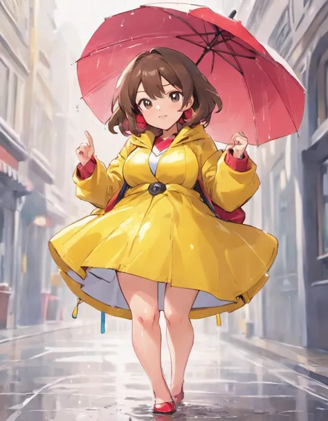 can you draw a milf in a pvc yellow rain coat and red umbrella drawn by sowsow, the milf has large breasts and is about 50 years of age, mature woman, tall veru large breasts, short blue mini skirt, brown hair,