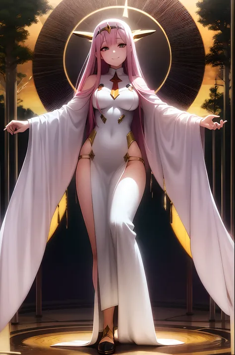 zero two, dress, sun halo, holy, smile,,, medium breast, priestess, full body, walking, divine aura, sun halo, solar halo