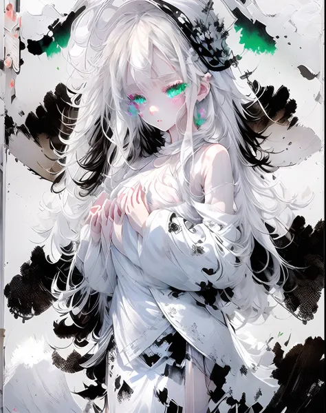 white hair, messy hair, long hair, (expressive eyes, green eyes, glowing eyes),[(white background:1.9)::0.9], [(transparent background:1.3)::5],Witch hat,

masterpiece,best quality,flat color,offical art,white theme,(ultra-detailed),(illustration),ink and ...