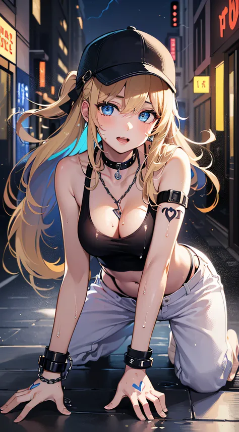 top-quality、Top image quality、​masterpiece、girl with((18year old、Tattoo of the heart symbol on the right shoulder、Black Navel Tank Top、White pants、Best Bust、Bust 85、a blond、poneyTail、Blue eyes、open chest wide、Happiness、Chain Accessories、Black wristband on ...