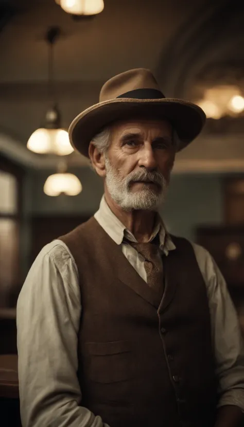 a man in old farmers clothes and hat, in a bank branch