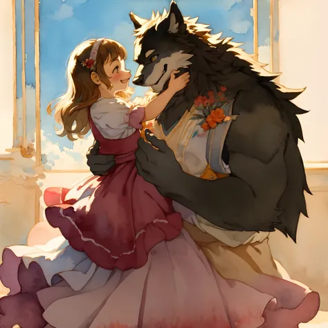 watercolor, soft color, Vintage images, highres, unparalleled masterpiece, absurdres, love story of human Child girl and giant Werewolf, love romance, family photograph, pair, Height difference, Physical difference, perfect anatomy, smile, joyful, play wit...