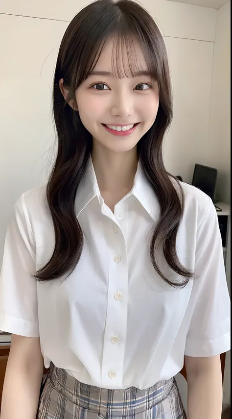 (Best Quality, 8K, 32K, masutepiece, nffsw:1.2),Hyper Detail Hair,Photo of Pretty Japanese girls,1girl in,18year old,japanaese girl,(年轻:1.5),School uniform,White shirt,(Shirt that opens the second button:1.2) ,Upper body,crass room,desk work,,((A smile:1.2...