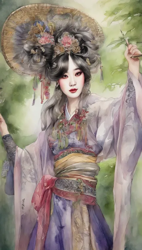 China ink painting，water ink，ink，Smudge，China-style，Chinese drama，Peking Opera costumes，Purple theatrical costumes，Drama Facebook，Green face，中景 the scene is，super-fine，ultra - detailed，high qulity，8K ，Sharply focus the eyes，中景 the scene is，Full body like， ...