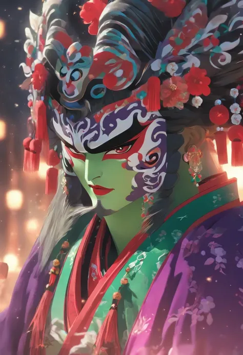 China-style，Chinese drama，Peking Opera costumes，Purple theatrical costume，Drama Facebook，green face，中景 the scene is，super-fine，ultra - detailed，high qulity，8K ，Sharply focus the eyes，highly detailed surreal vfx，oc rendered， - AR 16:9 --q 2 --s 1000