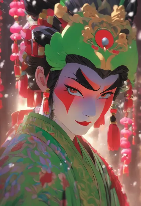 China-style，Chinese drama，Peking Opera costumes，Purple theatrical costume，Drama Facebook，green face，中景 the scene is，super-fine，ultra - detailed，high qulity，8K ，Sharply focus the eyes，highly detailed surreal vfx，oc rendered， - AR 16:9 --q 2 --s 1000