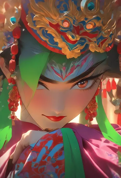 China-style，Chinese drama，Peking Opera costumes，Purple theatrical costume，Drama Facebook，green face，中景 the scene is，super-fine，ultra - detailed，high qulity，8K ，Sharply focus the eyes，highly detailed surreal vfx，oc rendered， - AR 16:9 --q 2 --s 1000