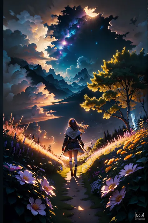 LANDSCAPE PHOTO (SEEN FROM BELOW, SKY ABOVE, FIELD BELOW), GIRL STANDING IN FLOWER GARDEN LOOKS UP (FULL MOON: 1.2), (METEOR: 0.9), (NEBULA: 1.3), DISTANT MOUNTAINS, TREES BREAK CRAFTING ART, (WARM LIGHT: 1.2), (FIREFLY: 1.2), LIGHTS, LOTS OF PURPLE AND OR...