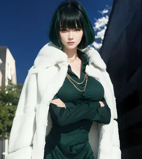 A woman with green hair wearing a white fur coat along with a green dress