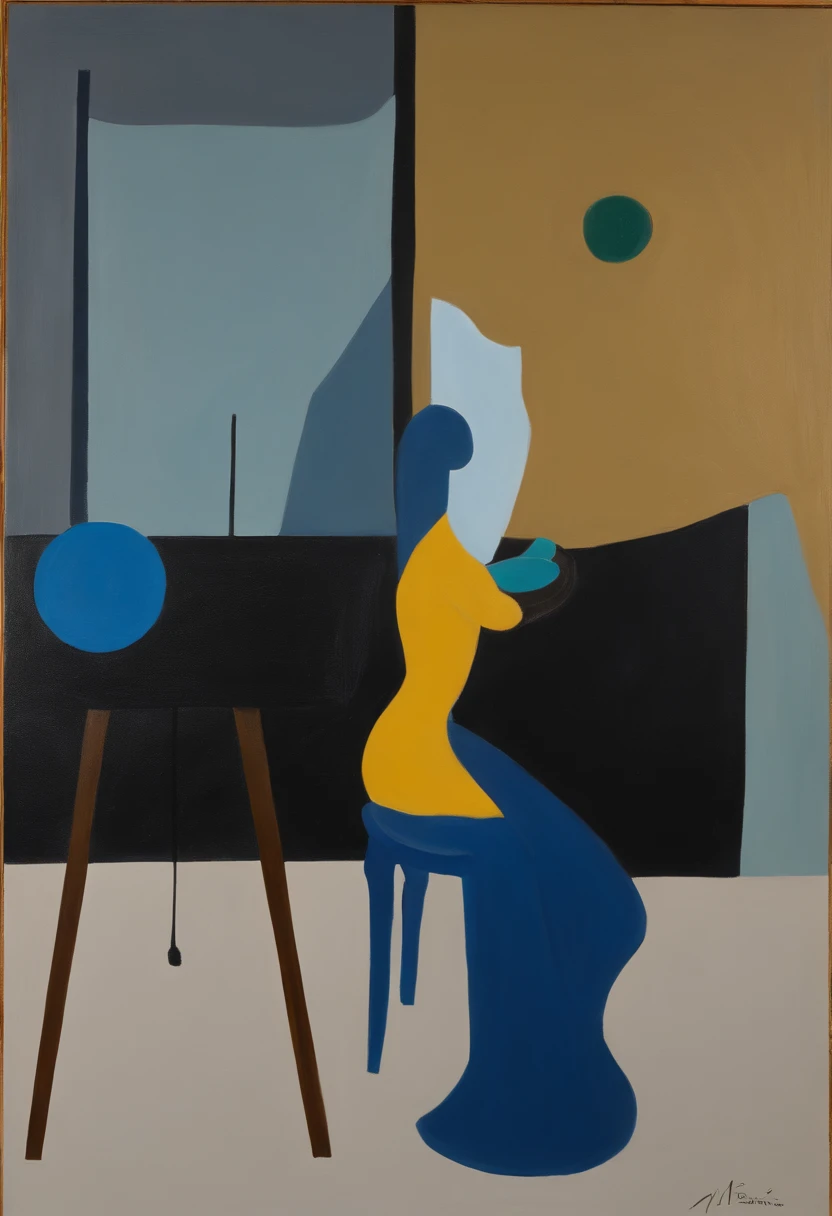 painting of a blue creture on a easel with a black background, gouache on canvas, very very coherent painting, gouache, inspired by Jean Arp, oil and alien on canvas, surreal gouache gesture painting, weird expressionist pose, inspired by Tomi Ungerer, ins...