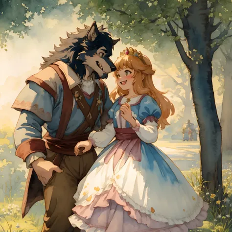 watercolor, soft color, Vintage images, highres, unparalleled masterpiece, absurdres, love story of human Child girl and giant Werewolf, love romance, The princess and the prince, family photograph, pair, Height difference, Physical difference, perfect ana...