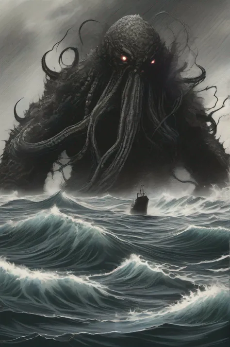 Shades of black, violent storm, Rough water，In the center of the picture, There is a humanoid monster slowly rising from the surface of the water，Half of the body is on the water，The monster stands facing to the right，The monster has a humanoid head，Body b...