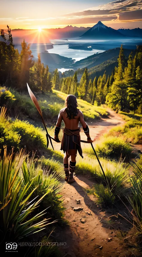 fotografia de um jovem espartano em sua jornada pela puberdade, Wandering through nature with just a spear, cercado por paisagens desafiadoras.