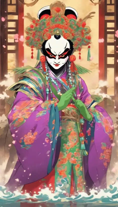 China ink painting，water ink，ink，Smudge，China-style，Chinese drama，Peking Opera costumes，Purple theatrical costume，Drama Facebook，green face，中景 the scene is，super-fine，ultra - detailed，high qulity，8K ，Sharply focus the eyes，中景 the scene is，Full body like，oc...