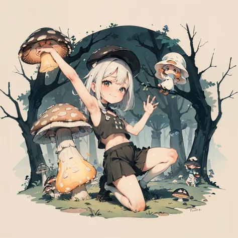 Simple drawing, Mushrooms and girls, tchibi, Cute, Big smile, Dark room, glowing mushrooms, Mushrooms + Mushrooms + Mushrooms + Mushrooms + Mushrooms, Mushrooms on the head, Mushrooms grow on the body，From the side Side，Dancing，Watercolor illustration, Per...