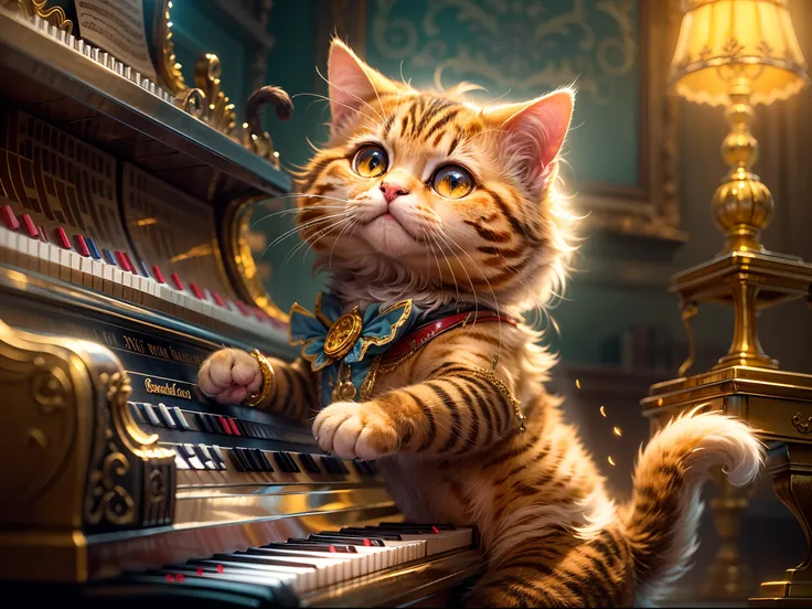 An ultra-detailed, realistic, cute cat playing piano with a golden piano in a musician outfit. Illustration, highres. Bright and vibrant colors, with soft lighting to create a warm atmosphere.