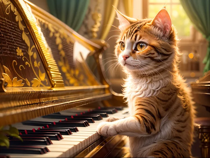 ultra-detailed,realistic,cute cat playing piano with golden piano,musician outfit,illustration,highres,bright and vibrant colors,soft lighting,warm atmosphere