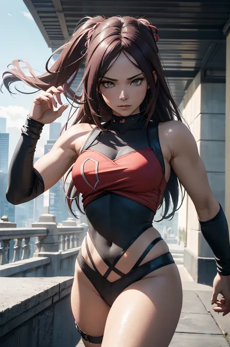 A superheroine wearing skimpy outfit, sleeveless, long hair, flying through city, chasing villains, no cape, no mask, dynamic pose, 3d, (8k), detailed texture,(hyperdetailed), (photo realistic), cinematic light, cinematic action, highly detailed, realistic...