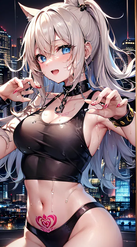 top-quality、Top image quality、​masterpiece、girl with((18year old、Tattoo of the heart symbol on the right shoulder、Black Navel Tank Top、White pants、Best Bust、Bust 85、a blond、poneyTail、Blue eyes、open chest wide、Happiness、Chain Accessories、Black wristband on ...