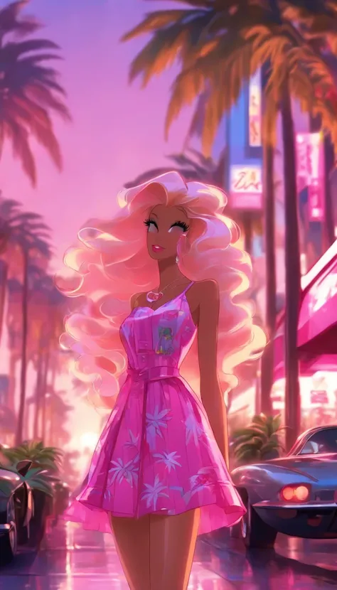 Make another scene with the same style, Barbie is now outside the perfume shop, Now she holds a perfume shop bag, She was about to get in the car, Her car is a C1 Corvette, Pink and white, C1 Corvette, She wore a pink and white checkered dress，The backgrou...