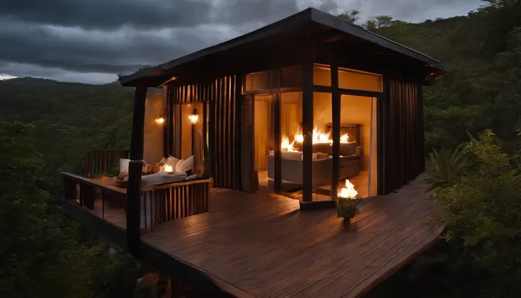 Paisagem, There is a fire pit on the balcony of a hut, Cozy setting, ambiente aconchegante, noite de lua cheia, Muita Chuva, lugar aconchegante, ambiente acolhedor e tranquilo, dentro de uma cabine, ambiente relaxante, aconchegante e calmo, serene atmosphe...