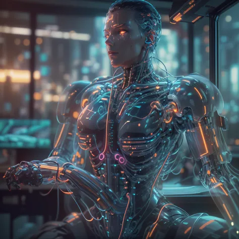 (Cinematic Photo, Maximum realism), (CG 8k wallpapers are extremely detailed, Masterpiece, Best Quality, Ultra-detailed), ((Transparent cyborg made of transparent plastic, All internal parts and mechanism are visible, Prominent glowing wires, Bright neon l...