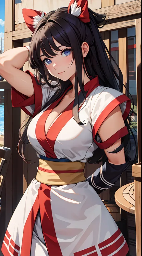 （tmasterpiece，best qualtiy，A high resolution，Large breasts，cleavage，统一 8k 壁纸，Extremely detailed CG：1），（illustratio：1.0），1girl，solo，nakorurums，Bow knot，shairband，ainu clothes，Fingerless gloves，short- sleeved