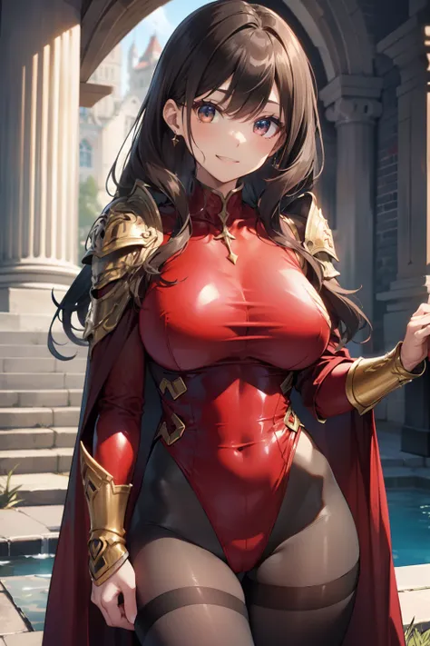 top-quality、Full limbs、complete fingers、Slender beauty、straight haired、Brown hair、((Red High Neck Long Sleeve Leotard:1.3))、Leotard with gold pattern、(Brown pantyhose:1.3)、red cloak、Western armor、Iron breastplate、Iron shoulder rest、Iron Gauntlet、Iron shin ...