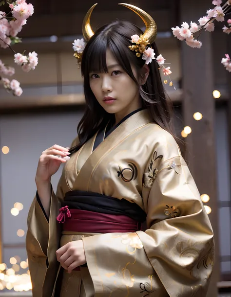 ((World of Darkness)),Professional , ​masterpiece、top-quality、photos realistic , depth of fields 、（sexypose）、(Background of cherry blossoms in full bloom),（Ultimate Beauty）、A dark-haired、（White bikini armor)、（Kimono with beautiful pattern）、（Night backgroun...