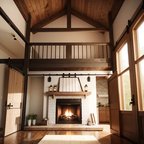 modern farmhouse fireplaces with Barn Doors and Storage