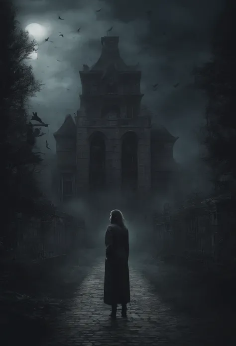 A digital image of a dark and eerie scene using V-Ray. A young woman + a Doberman dog standing in a park alley in front of an old psychiatric hospital building.
 Scene Characteristics: fearful and disturbing atmosphere, with twisted and intertwined plants,...