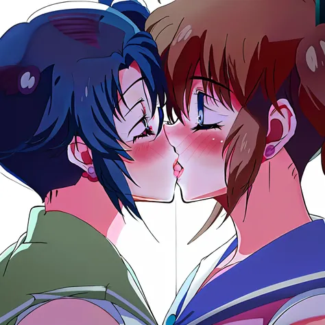 Anime image of couple kissing in front of white background, kissing together cutely, kiss together, Kissing each other,  Kissing, lovely kiss, Makoto Kino,Ami Mizuno,Mako Ami, Lesbian kiss, kiss mouth to mouth, kiss,