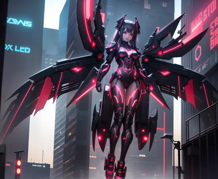 Young girl, cyberpunk, (((giant mechanical wings))), multiple wings, red led, neon lighting, Symmetrical