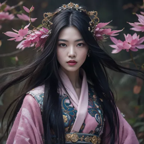 32K（tmasterpiece，k hd，hyper HD，32K）Long flowing black hair，ponds，zydink， a color， Aozhou people （Concubine girl）， （Purple silk scarf）， Combat posture， looking at the ground， long whitr hair， Floating hair， Carp pattern headdress， Chinese long-sleeved cloth...