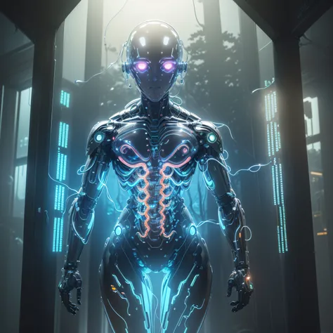 (Cinematic Photo, Maximum realism), (CG 8k wallpapers are extremely detailed, Masterpiece, Best Quality, Ultra-detailed), ((Transparent cyborg made of transparent plastic, All internal parts and mechanism are visible, Prominent glowing wires, Bright neon l...