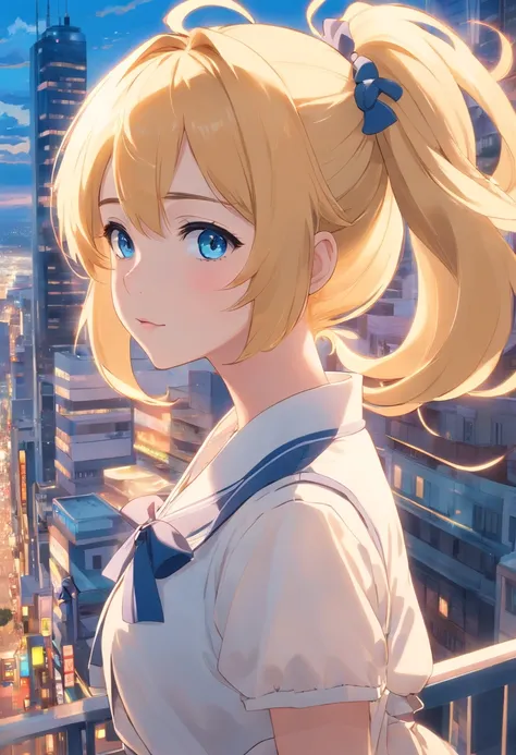 Golden hair，double ponytail curls，blue color eyes，White Lolita，Beth，Bustling cityscape